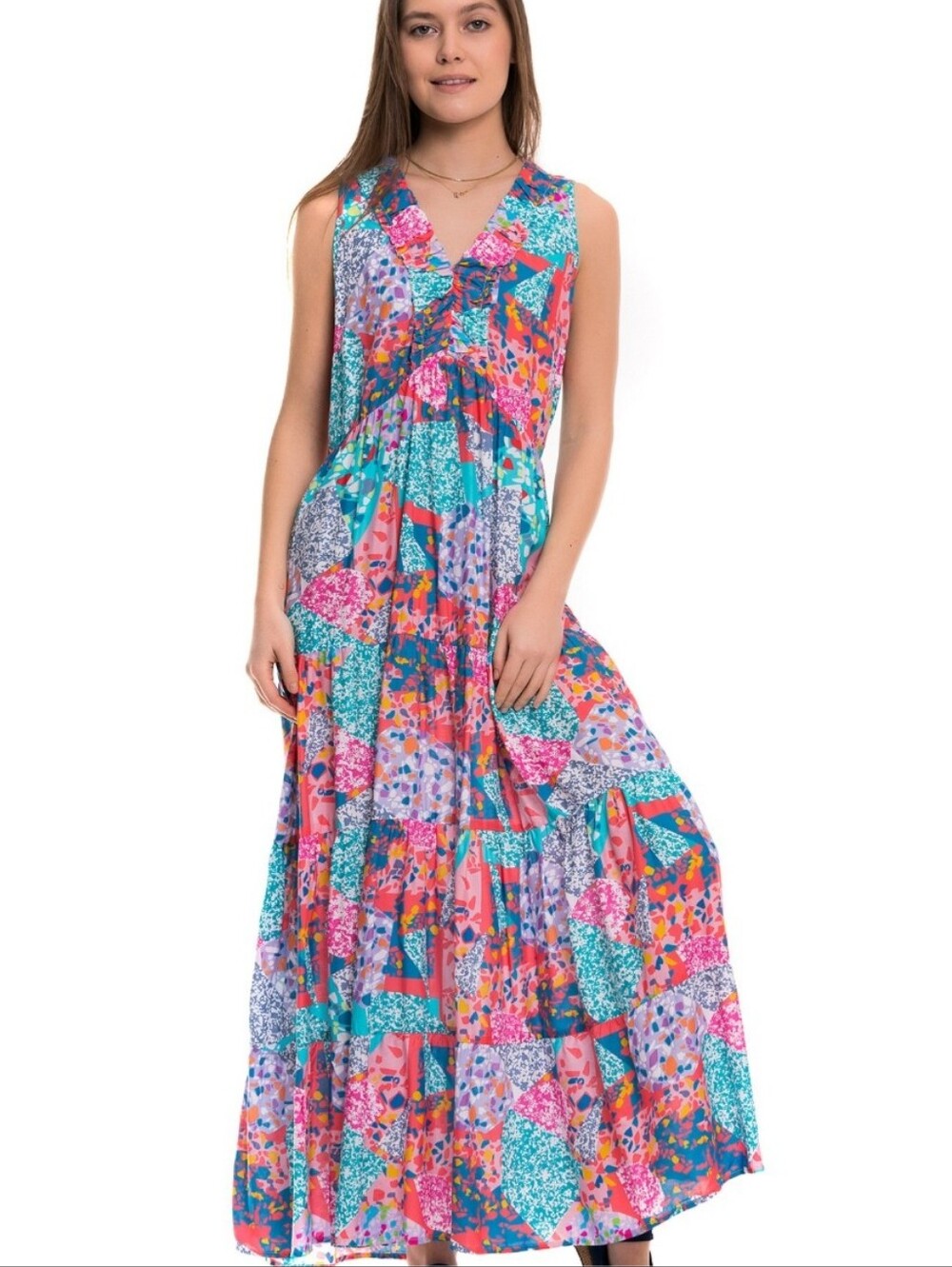 Tolani Multicolor Patchwork V-Neck Tiered Maxi Dress Size L Women's